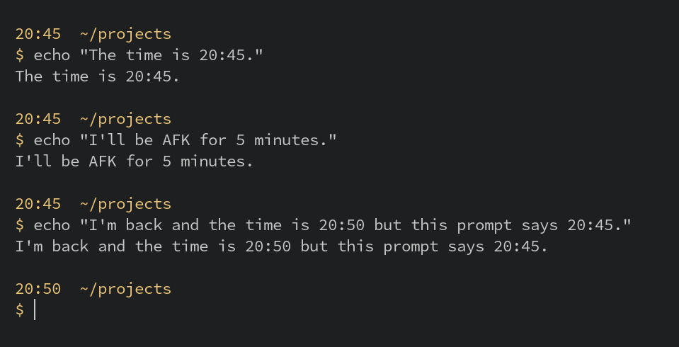 A terminal with prompts showing times which don't change.